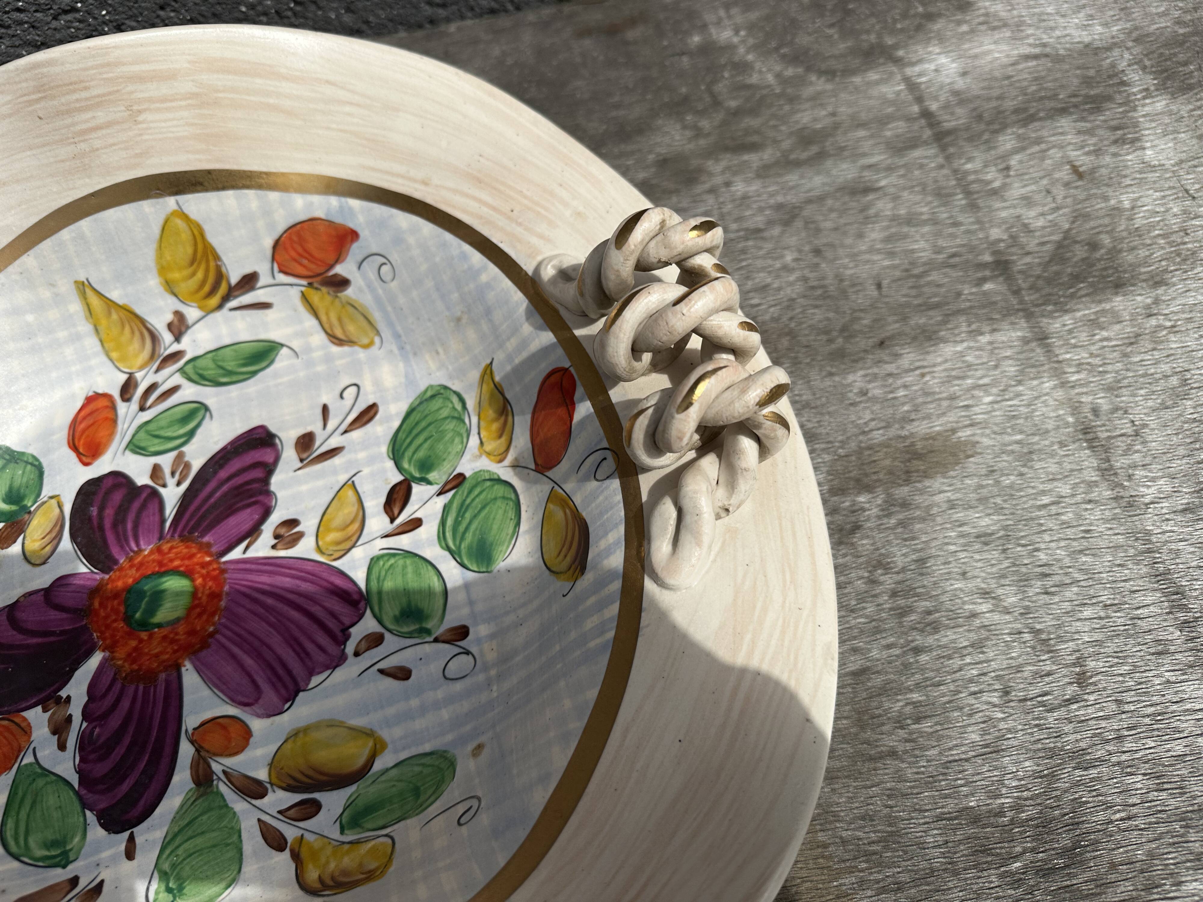 Painted ceramic fruit basket woven by Hubert Becquet, Quaregnon.