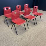 Set of 6 S30 Galvanitas chairs in raspberry red and grey from the 70s