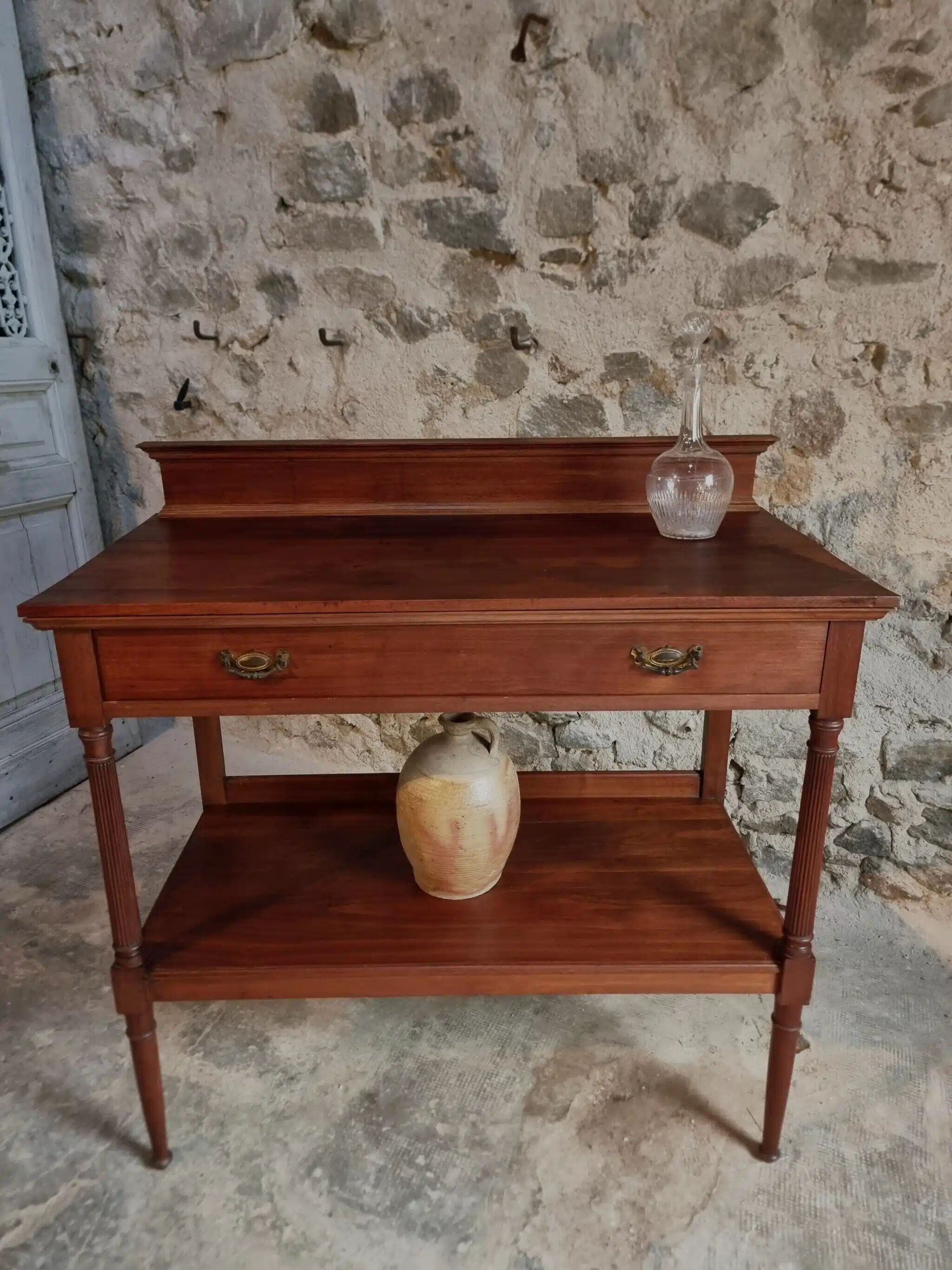 Antique mahogany console with drawer and shelf, French serving table, circa 1900.