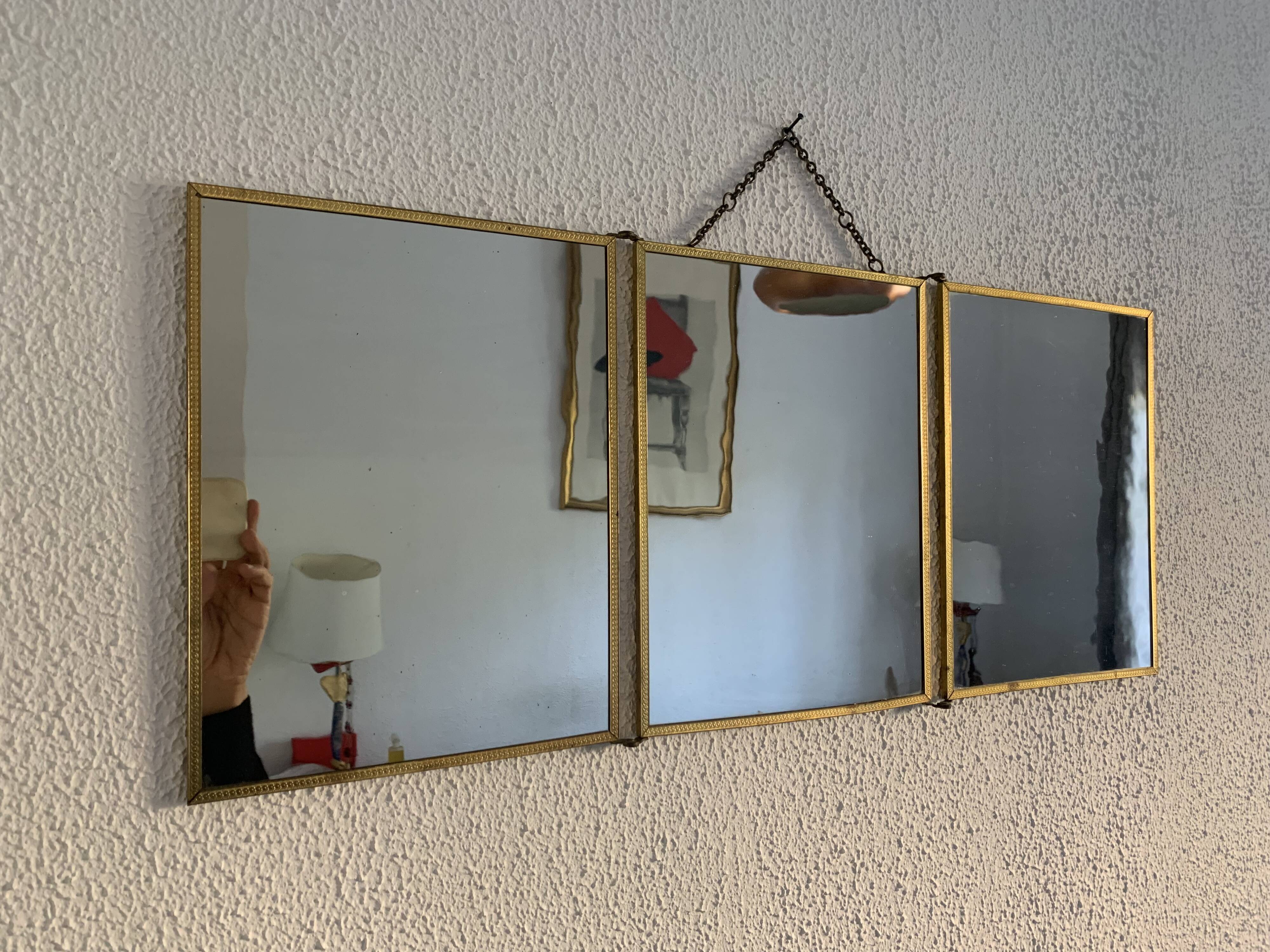 Vintage 1900 triptych mirror, golden barber woman - 27 x 67 cm