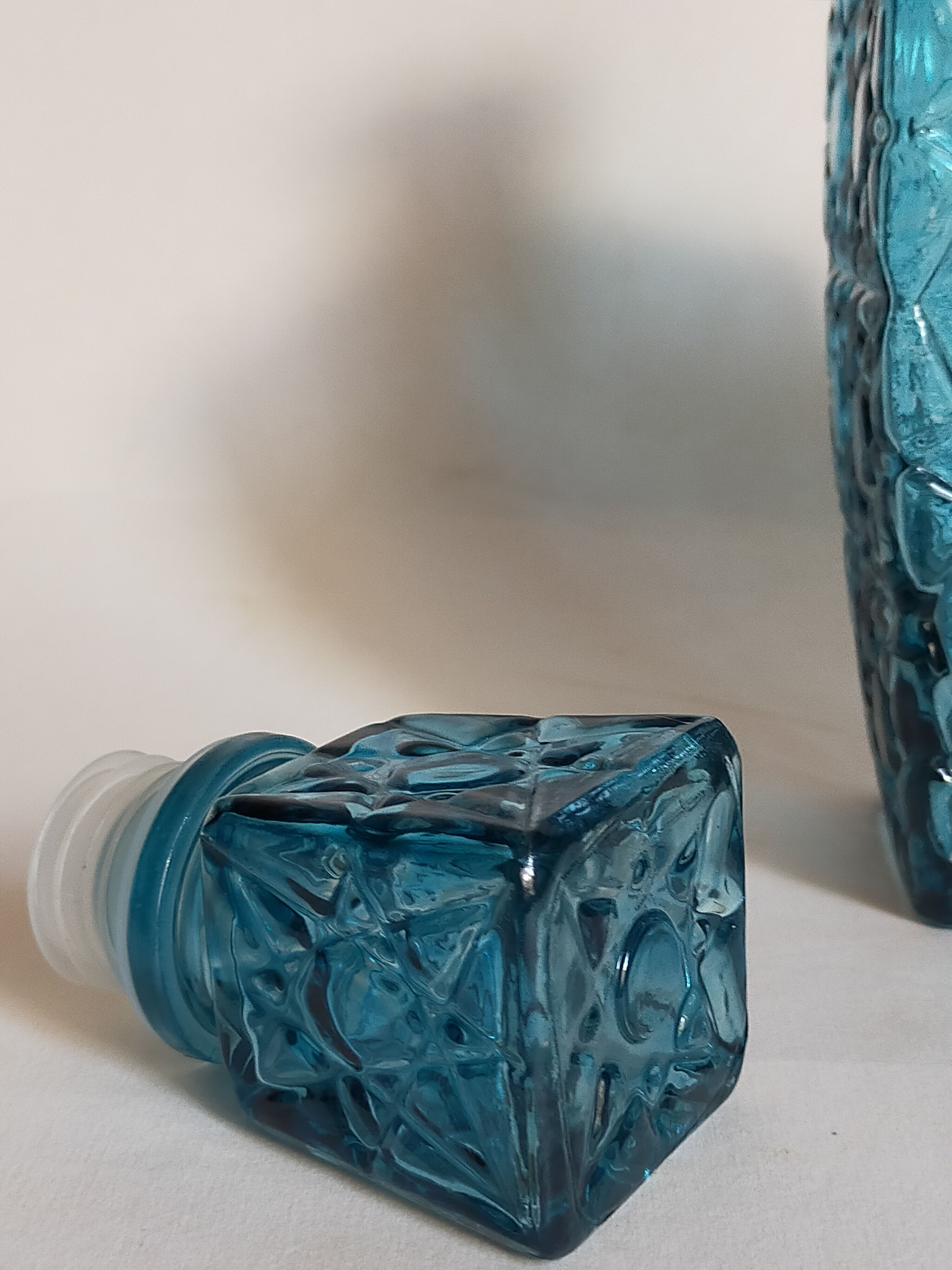 Vintage blue glass whiskey decanter