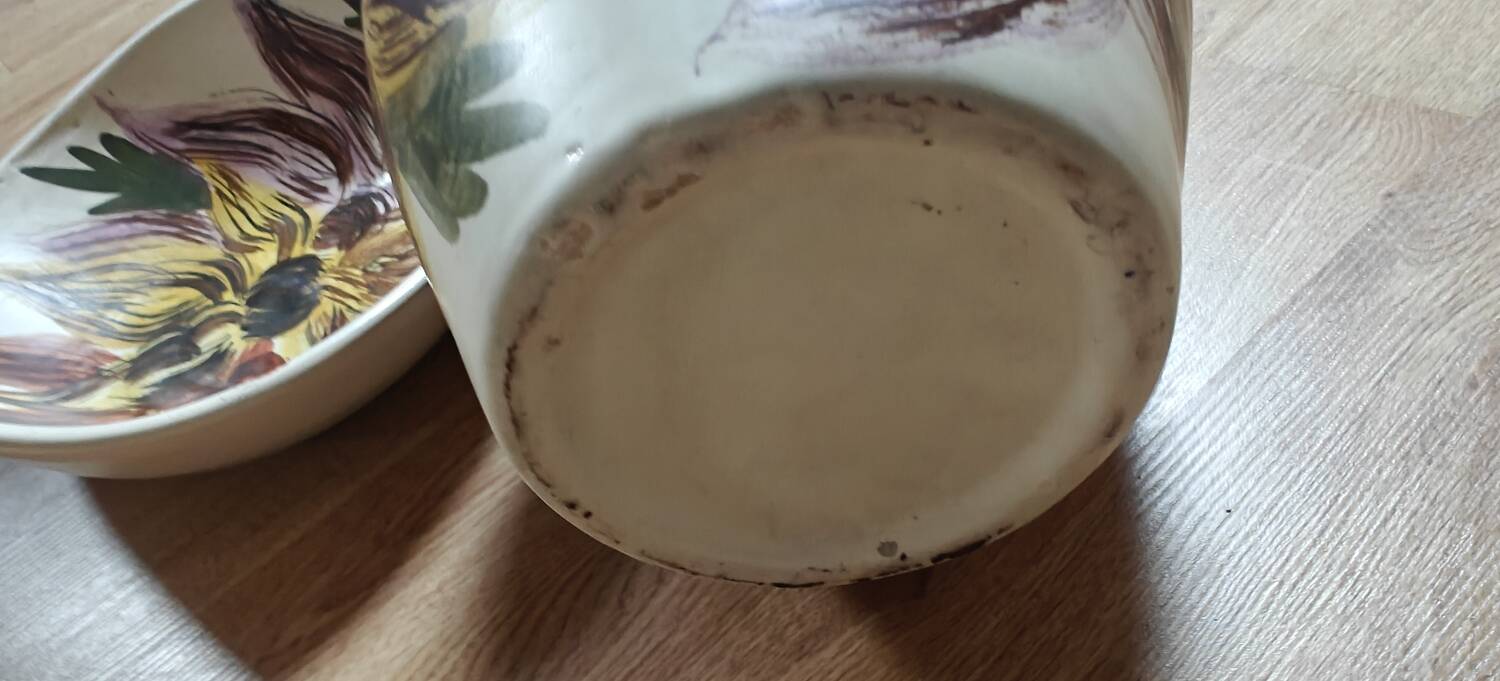 Vintage floral stoneware pitcher vase saucer and mug set