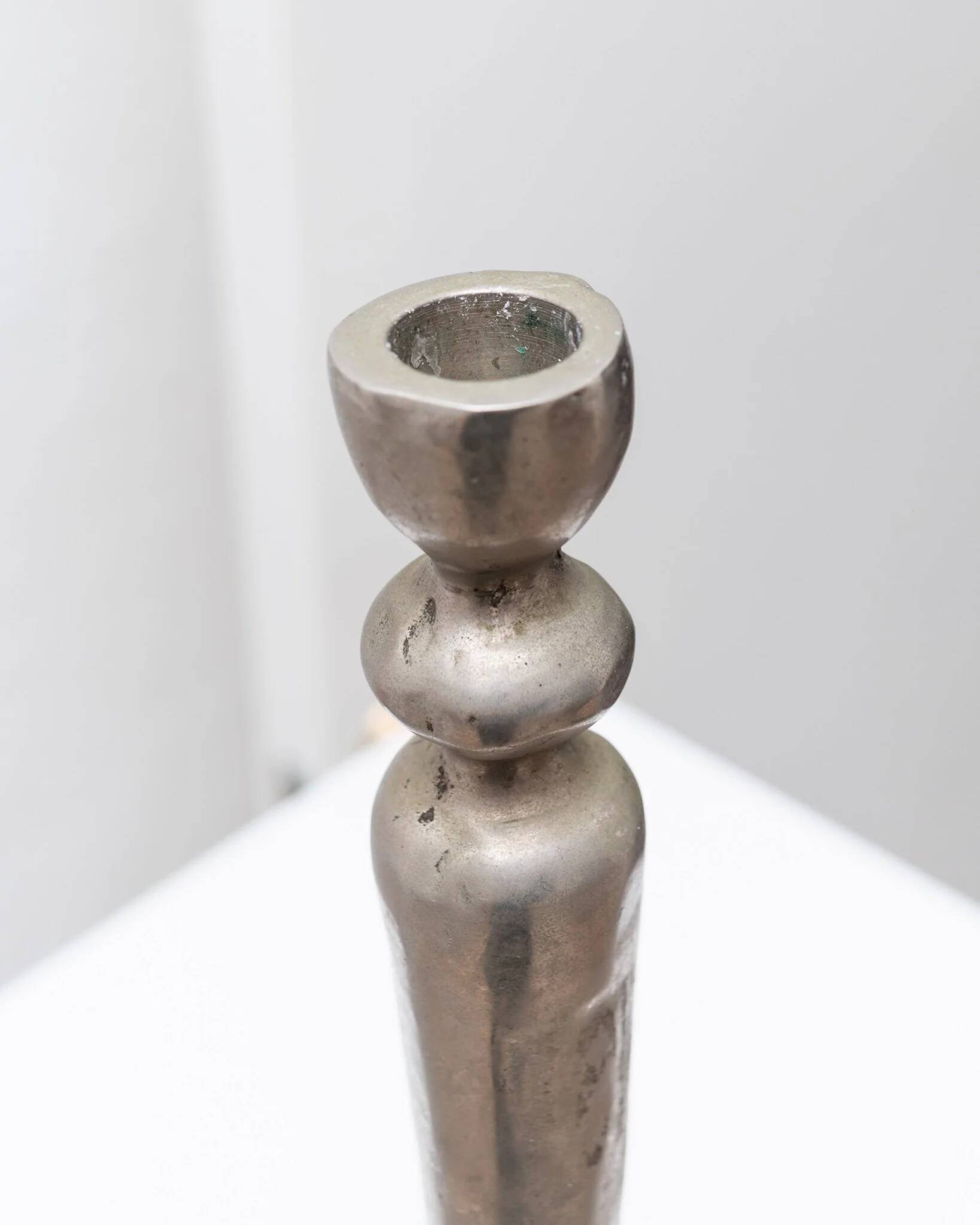 Brutalist vintage candlestick in gris patinated metal from Sweden, 1970s decorative lighting gift