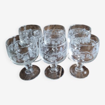 Lot de 6 verres à vin ballon buvant filigrané grappes de raisin