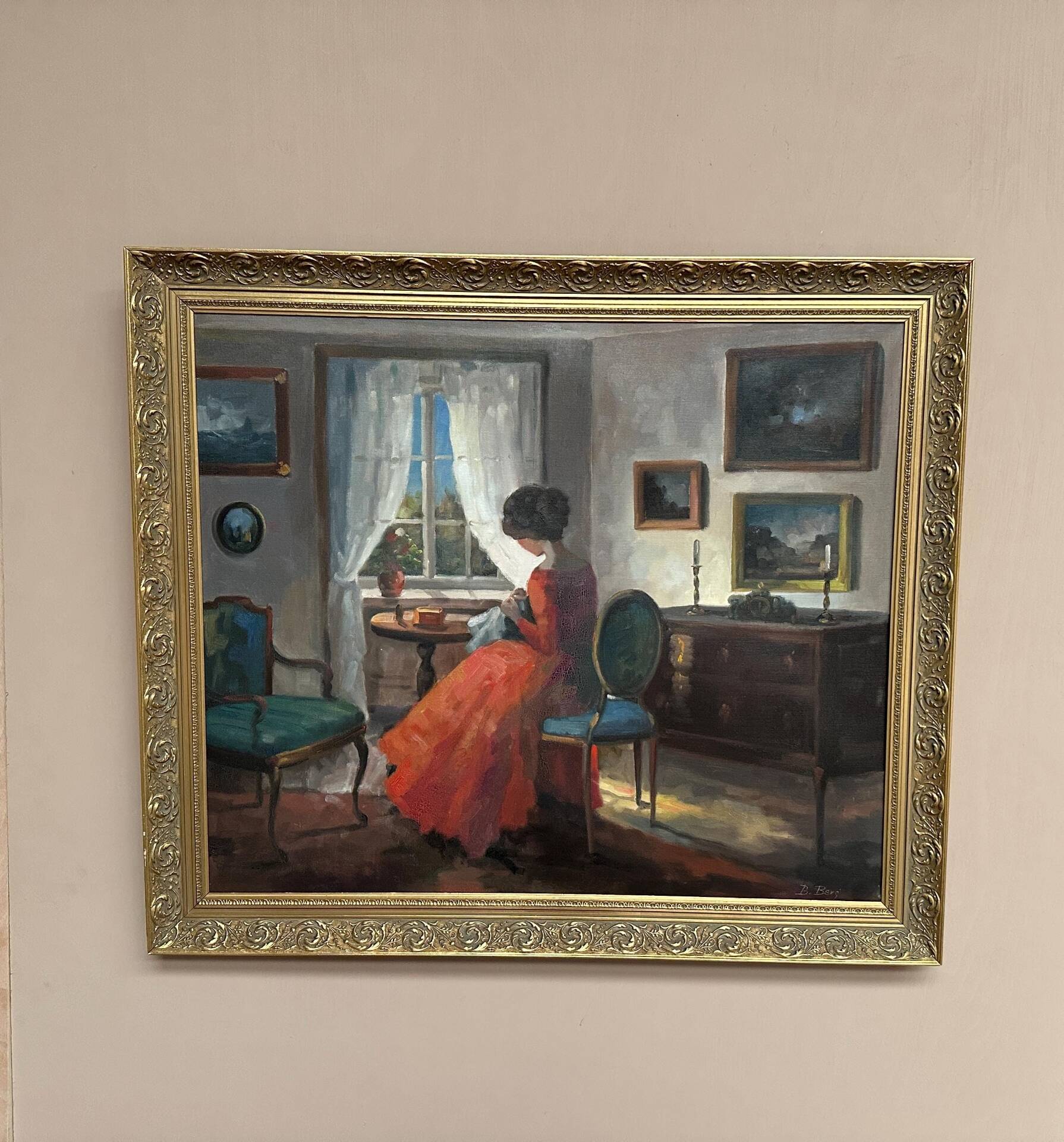 Scandinavian Oil on Canvas – Interior Scene by Bente Berg – Vintage