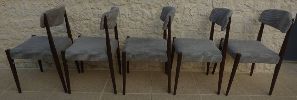 5 chaises de style scandinave en bois massif et velours gris, années 60
