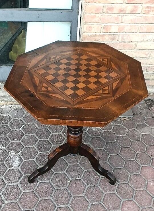 Table ancienne incrustée, jeu de dames, jeu d'échecs, Italie du XIXe siècle