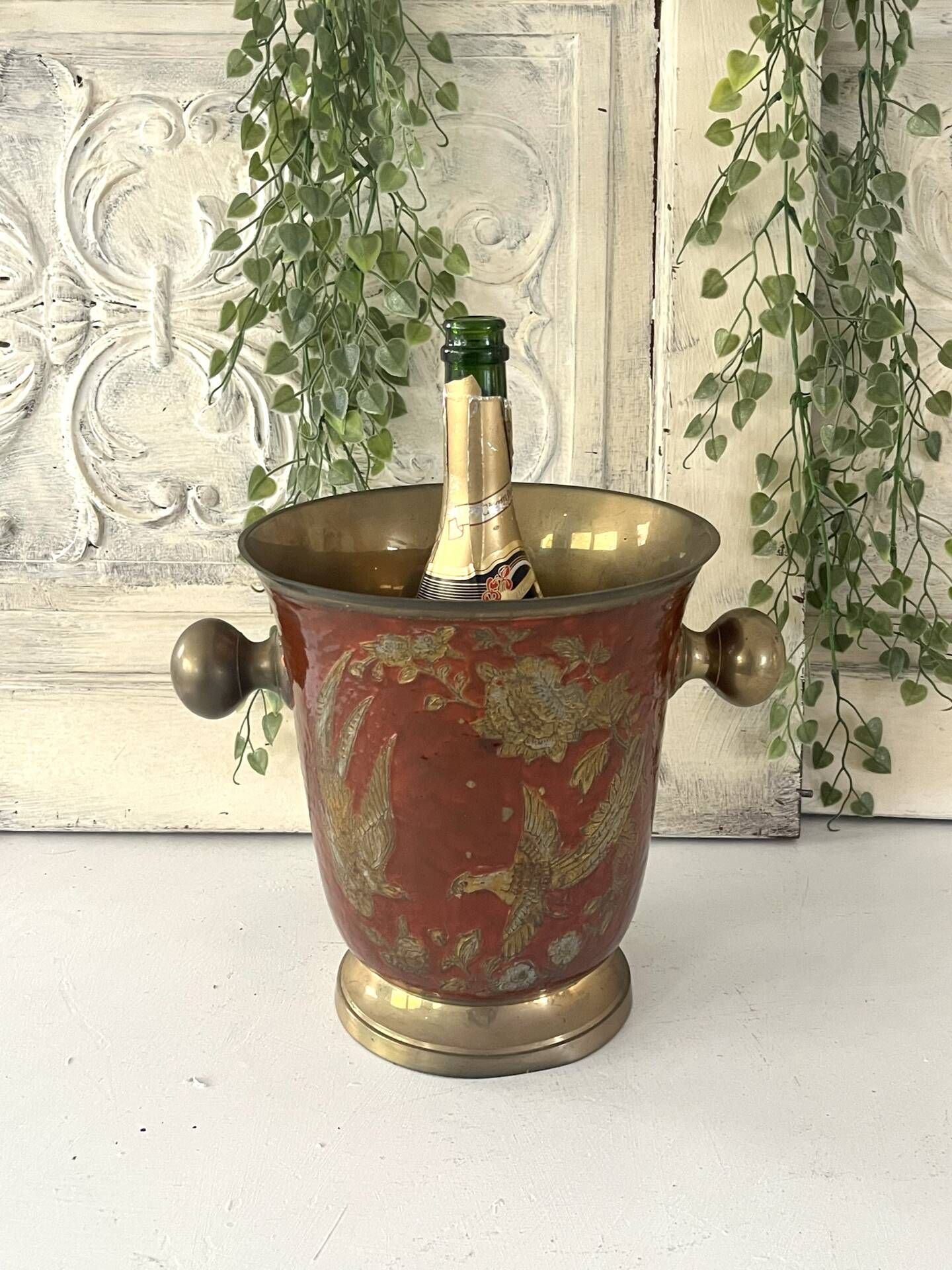 Ice Bucket, Enamel Red and Gold French Brass Champagne Cooler, Vintage
