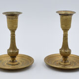 Pair of gossip candle holders in bronze and brass gilded period