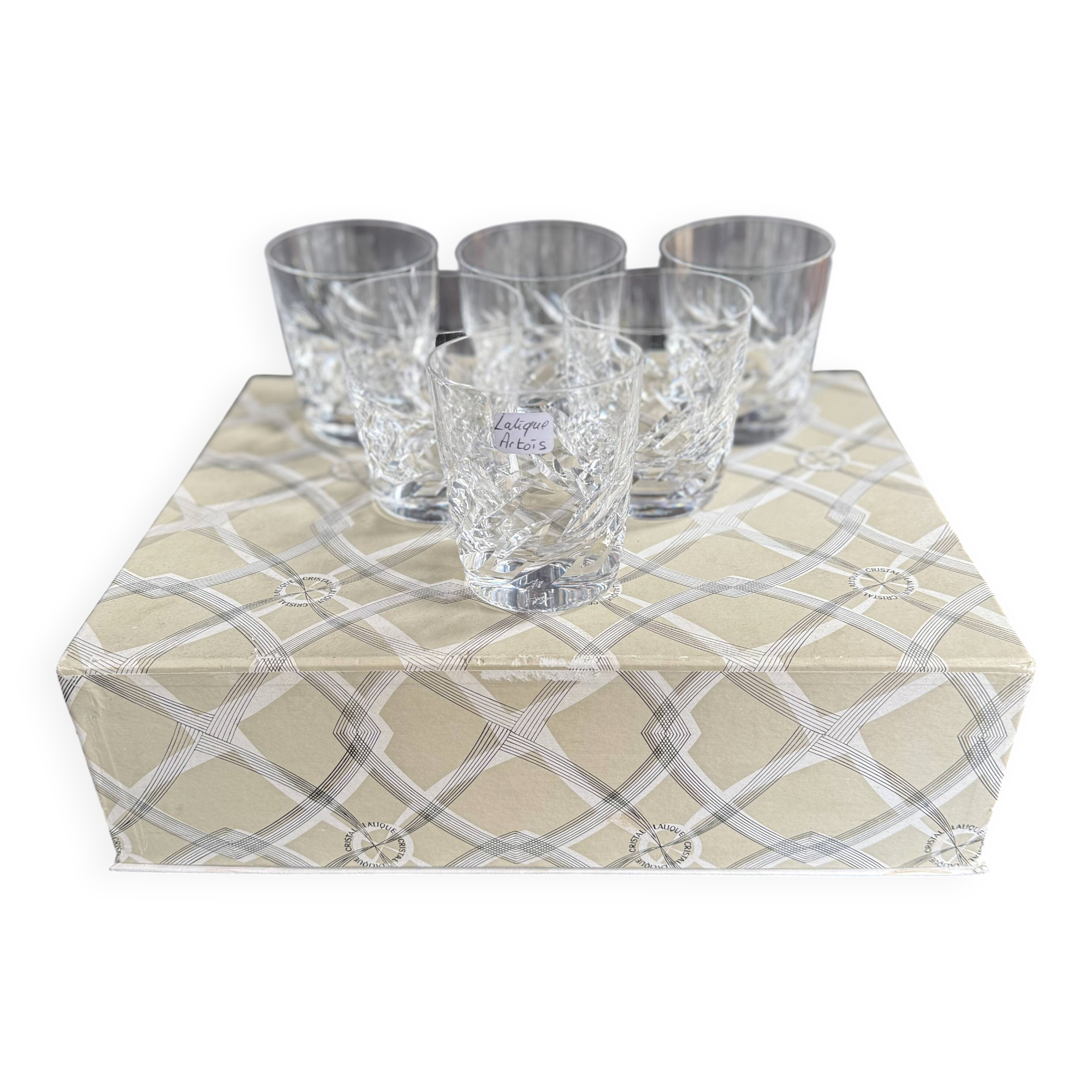 6 Lalique France Artois whisky glasses in a box