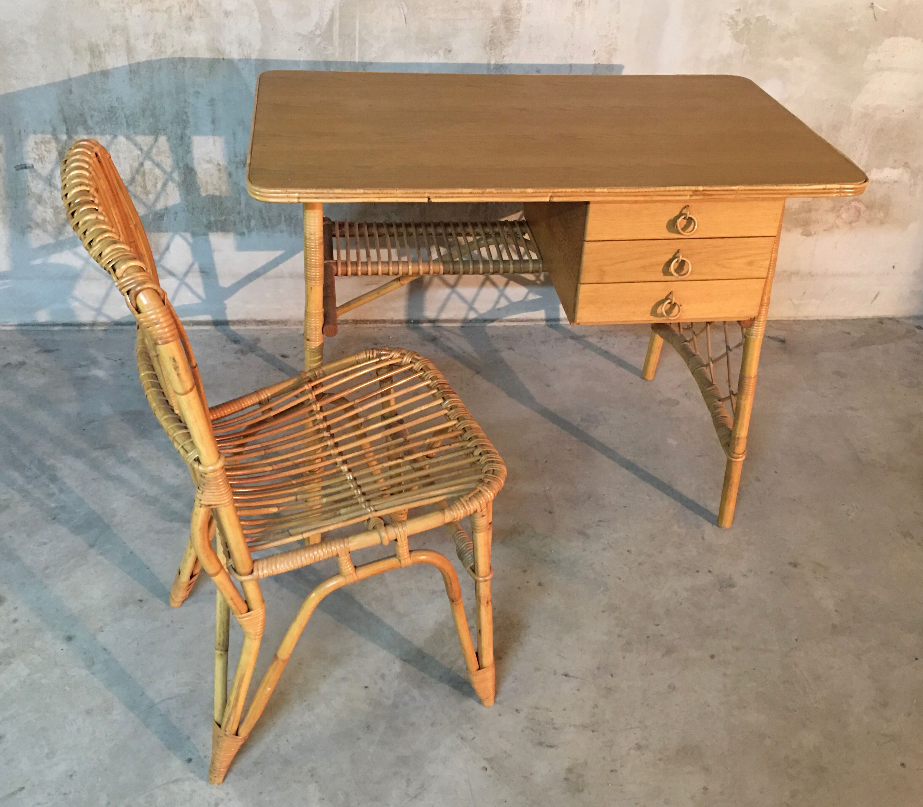 Louis Sognot rattan desk and his chair