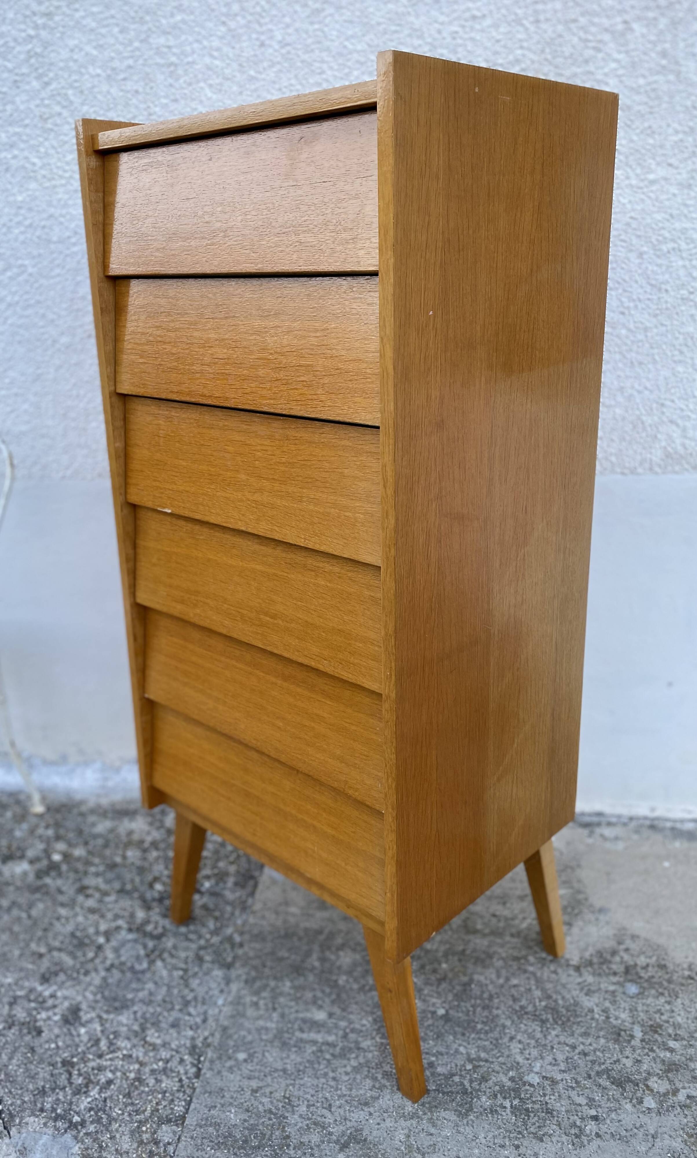 Vintage 1960s chest of drawers with compass legs and 6 slanted drawers