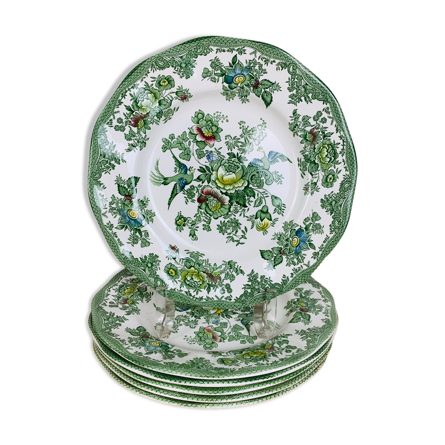 6 flat plates Wedgwood Oriental Pheasants green