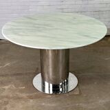 Italian dining table with white marble top and chrome cylindrical base