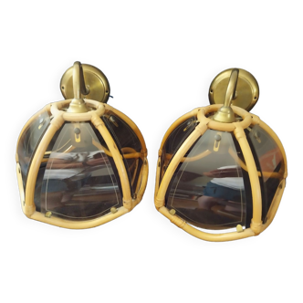 Wall sconces in rattan and smoked glass