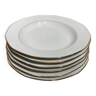 6 assiettes creuses porcelaine Massé Surget Berry blanche doré