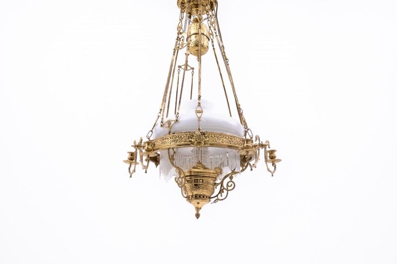 Brass chandelier from the first half of the 20th century.