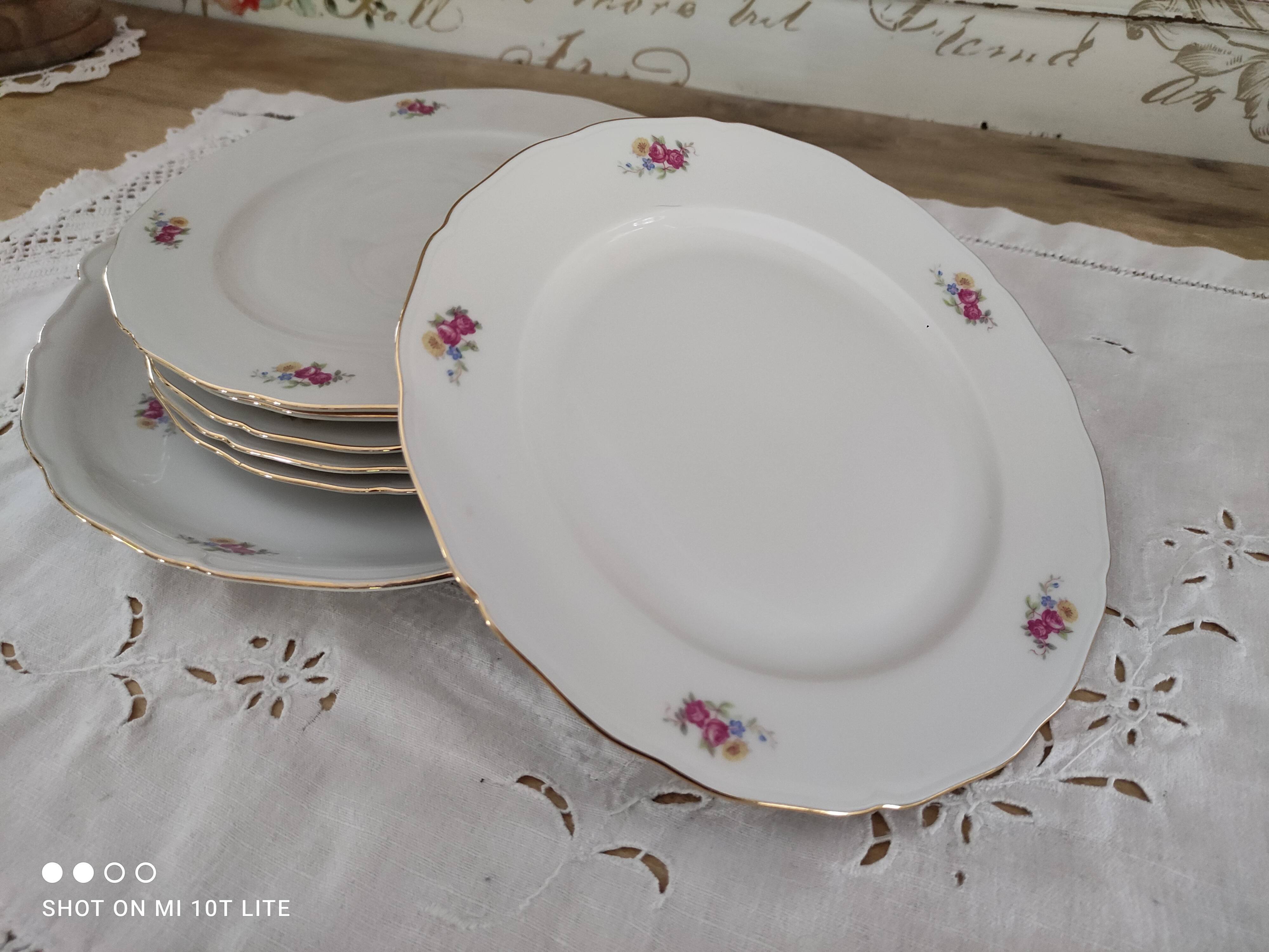 Dessert service 6 people 7 pieces porcelain Bavaria white decoration roses field flowers