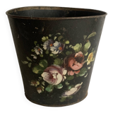 Napoleon III waste paper basket in black sheet metal and painted flowers, 19th century