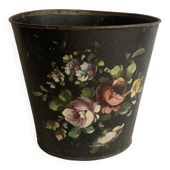 Corbeille à papier Napoléon III en tôle noire et fleurs peintes, 19e siècle