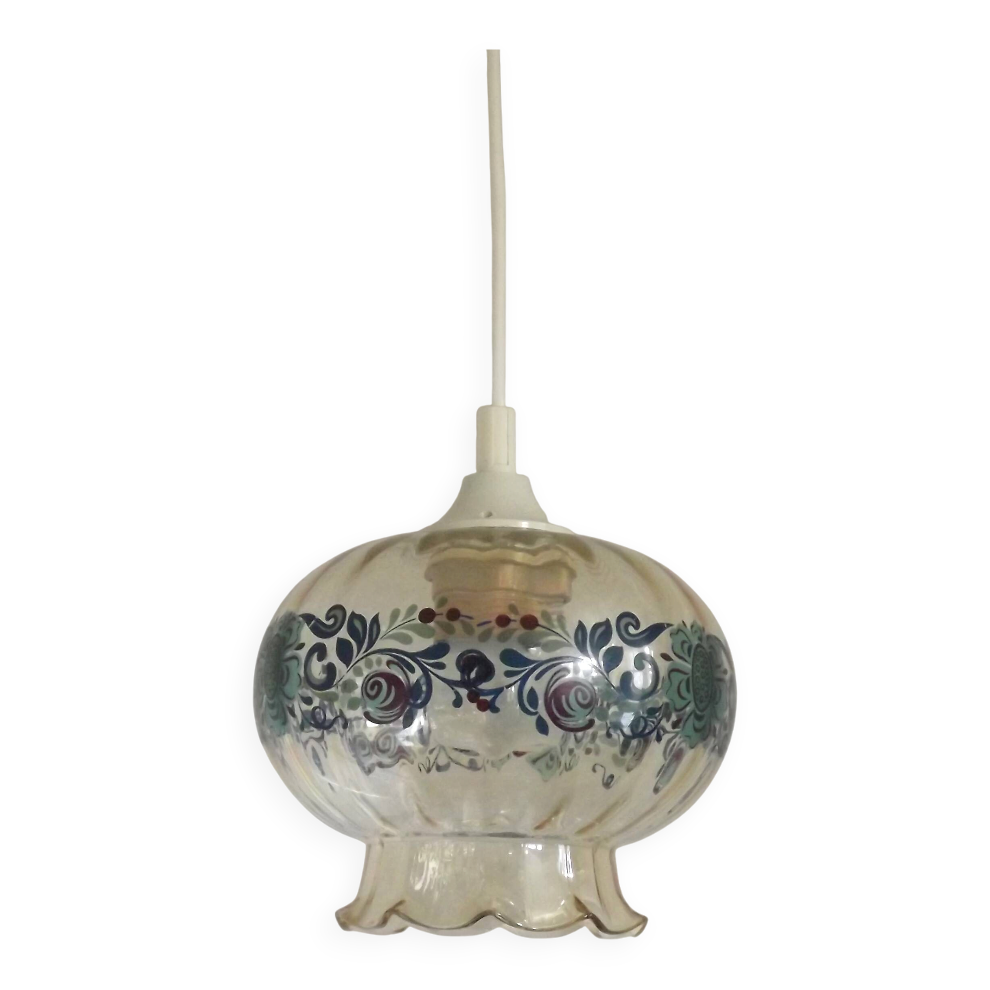 French Vintage Clear Glass Ceiling Light with Colourful Floral Decoration