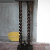 Vintage wood and marble side table, Louis XIII style turned wood pedestal table