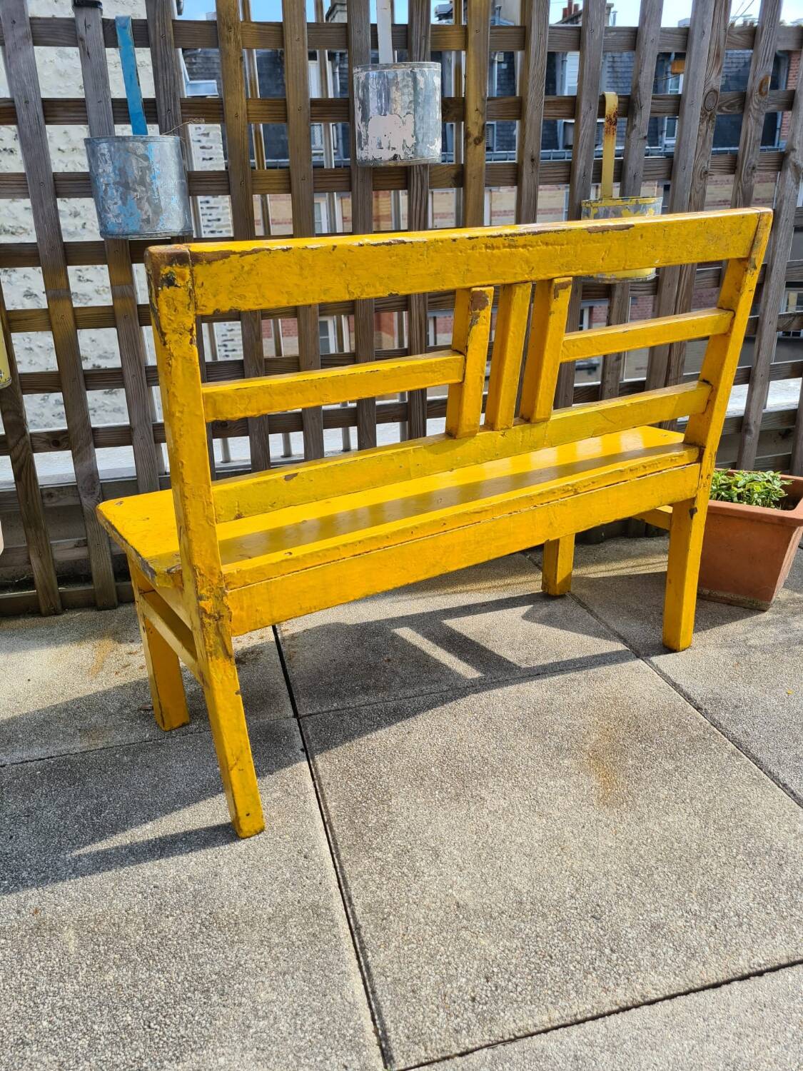 Yellow wooden school bench, 1960s