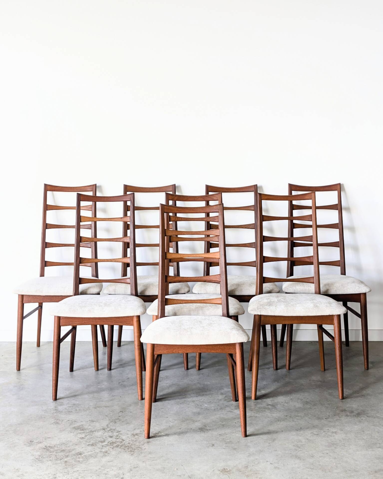 8 chaises vintage danoises teck modèle Lis, Niels Koefoed, 1960 1970