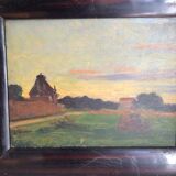 Tableau ancien, paysage de campagne