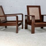 Pair of large armchairs. Wood and cane. Circa 1960