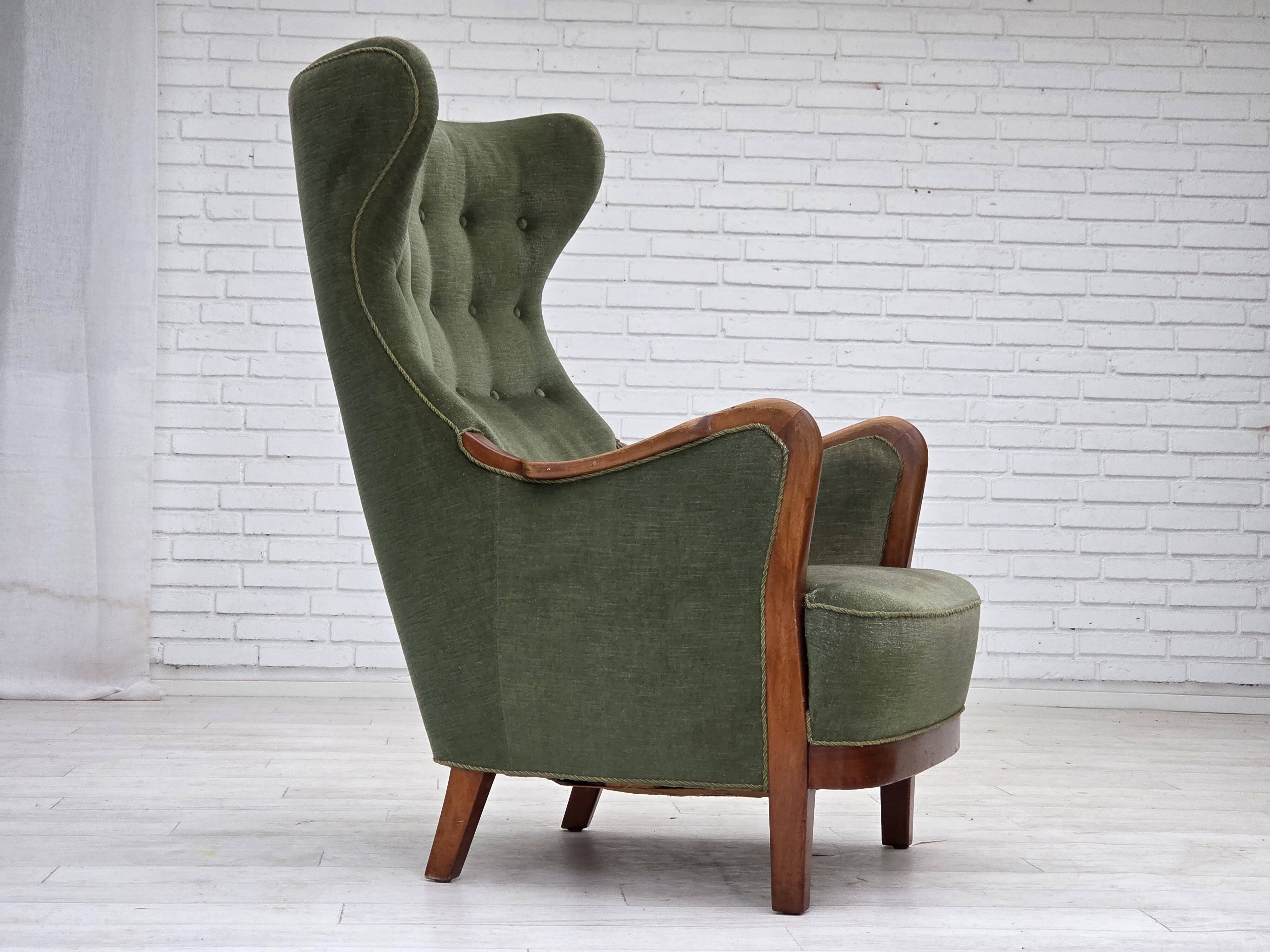 1960s, Danish highback armchair, green furniture velour, teak wood.