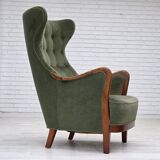 1960s, Danish highback armchair, green furniture velour, teak wood.