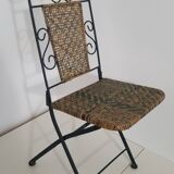 Chaise en fer forgé et rotin,  pliante  et vintage