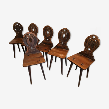Set de 6 chaises alsaciennes sculptées travail artisanal début XXème