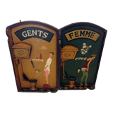 Anciens panneaux bois relief indication toilettes gents et femme
