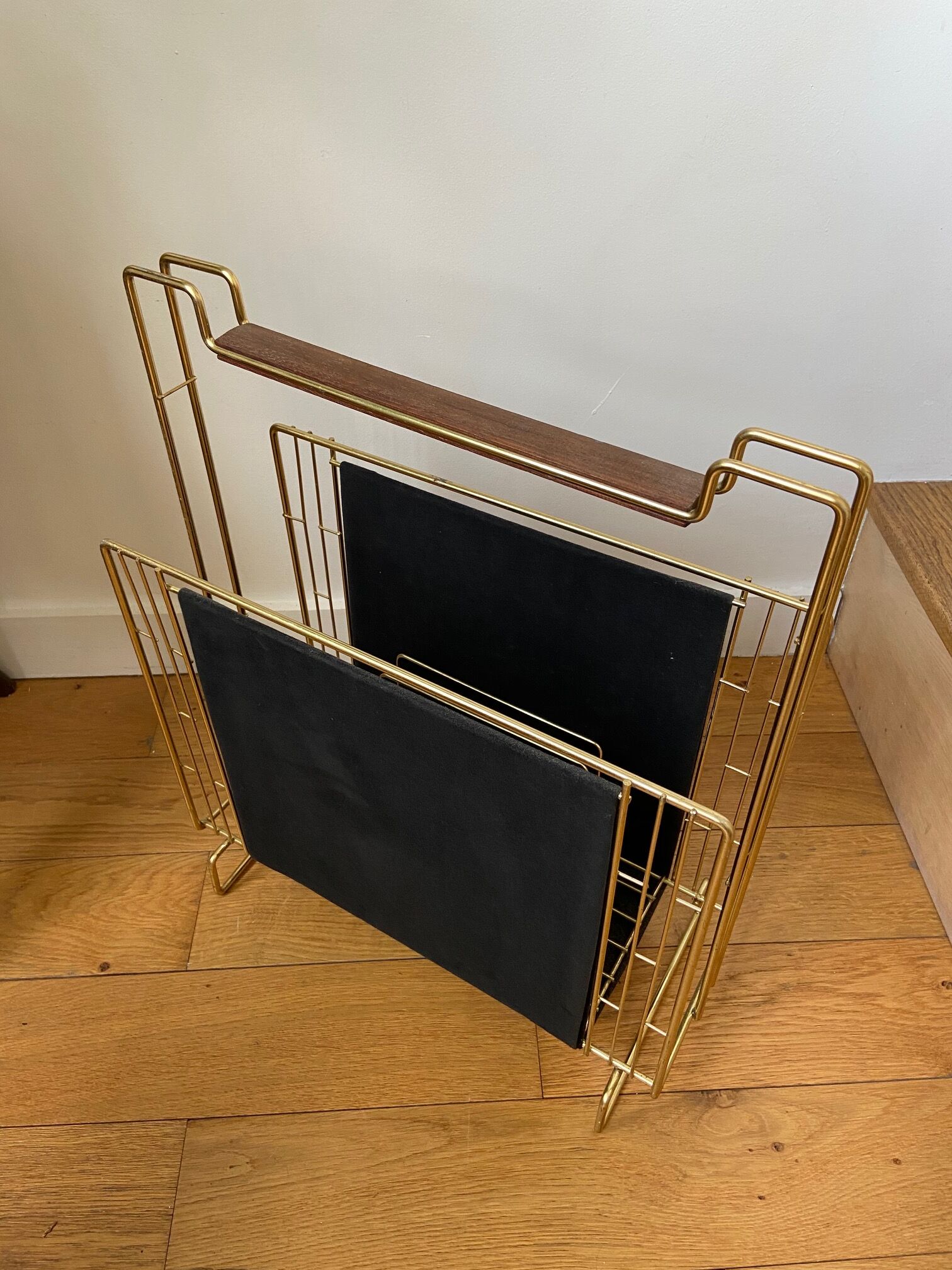 Gold metal, wood and black cotton magazine holder