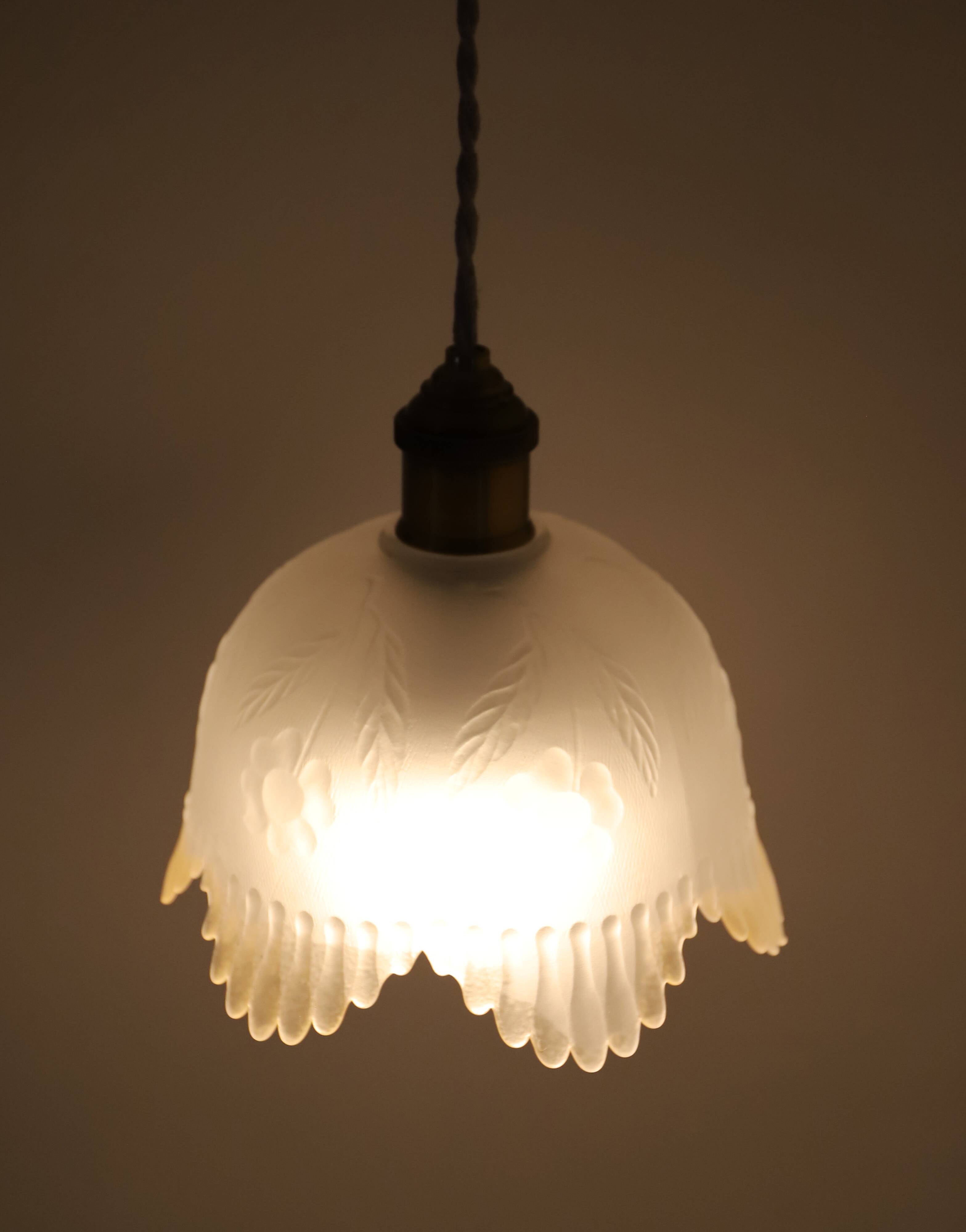 Frosted glass pendant light with floral pattern and wavy edge