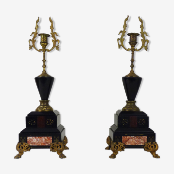 Paire de bougeoirs candélabres bronze et marbre style Napoléon III. XIXème