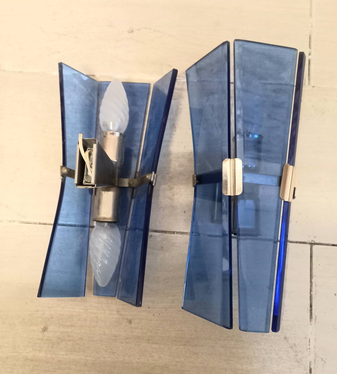 Pair of walllamps 70s blue glass