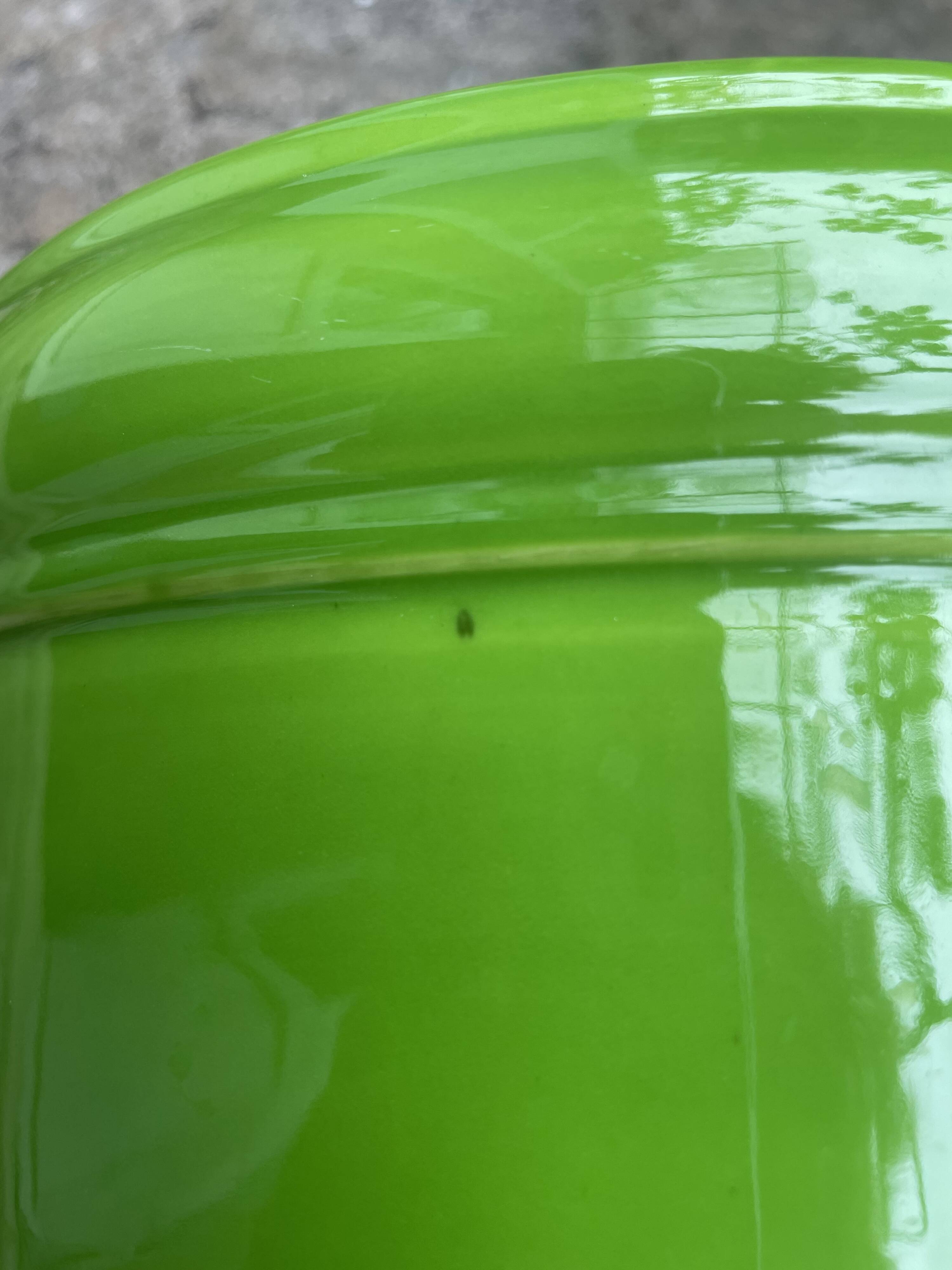 Glazed green pot cover in the style of Moreau Bourg earthenware