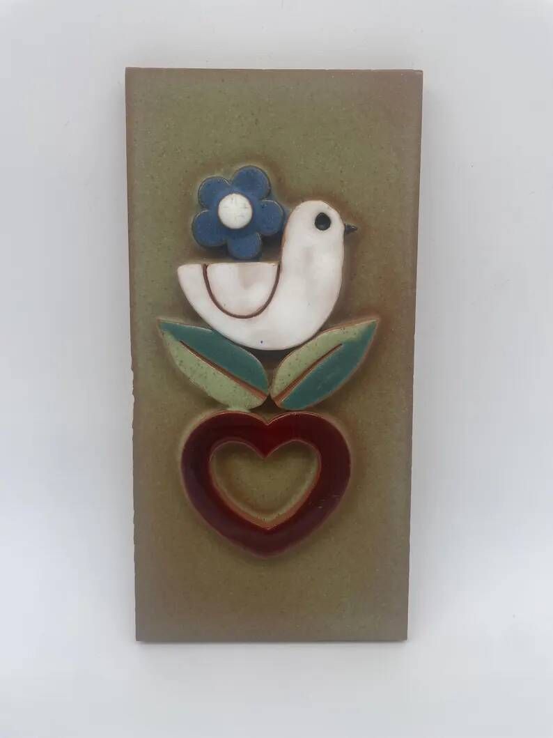 Vintage ceramic wall plaque, bird and heart, Made in Spain, Mithé Espelt style.