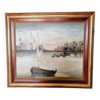 Peinture sur toile peinte à l'huile originale signée scènes maritimes de bateaux au coucher du solei