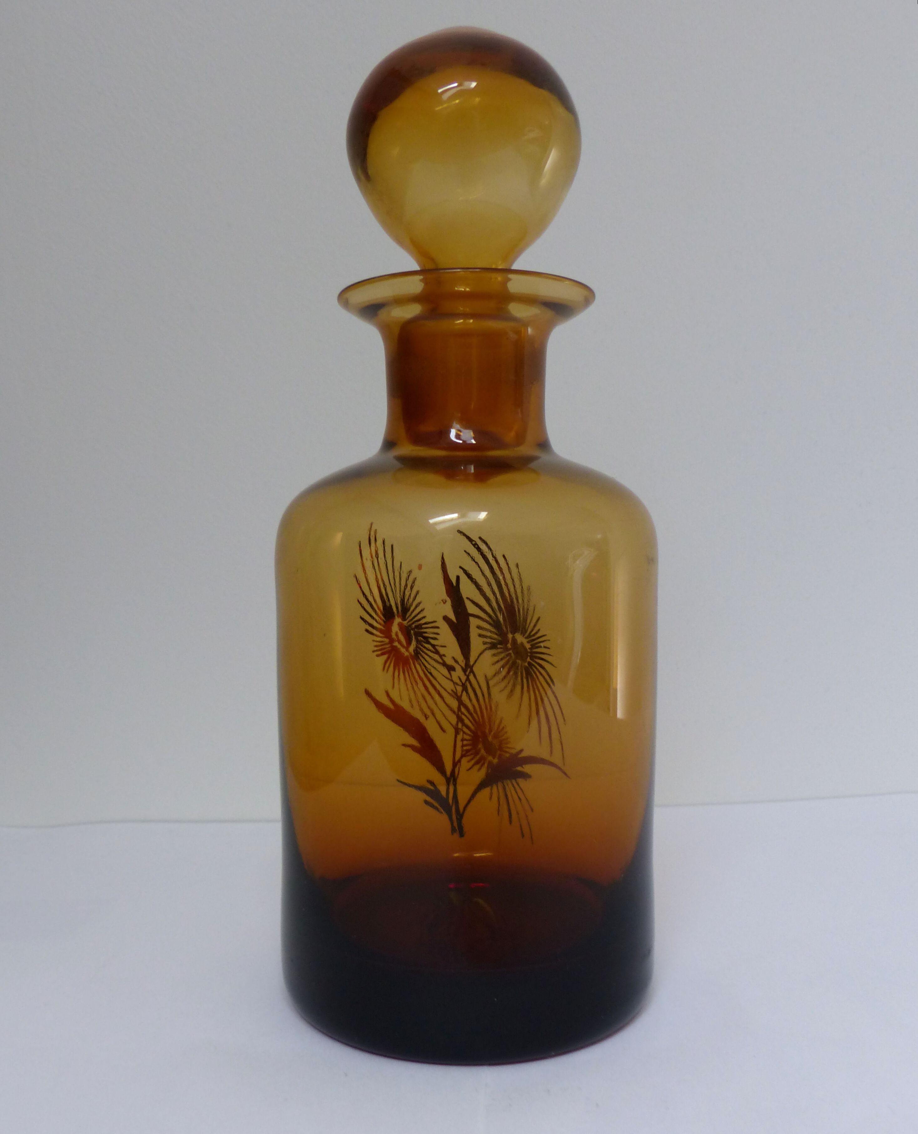 Decorated and signed perfume bottle, brown glass, painted "by hand Clary Paris"