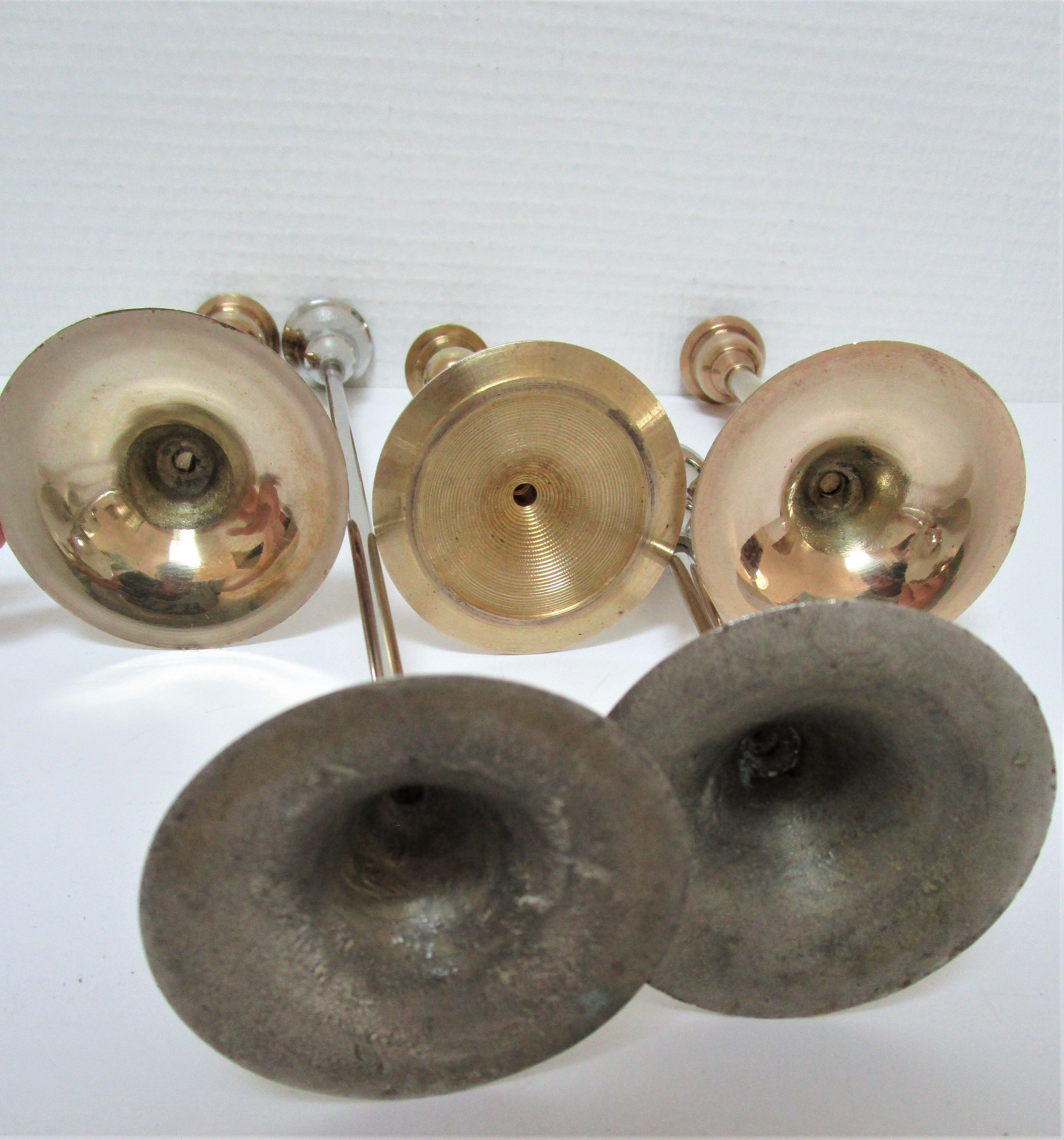 Five gold brass candlesticks and chrome brass vintage scandinavian design