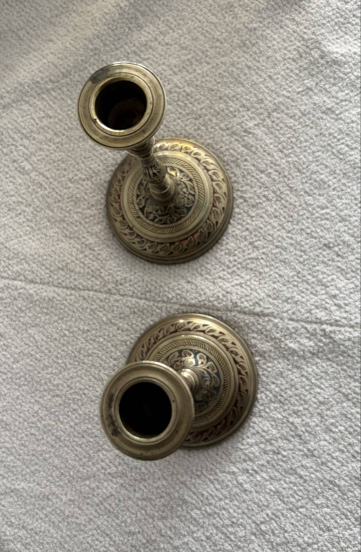 Pair of Vintage Etched Brass & Enamel Candlesticks - India,Mid-Century