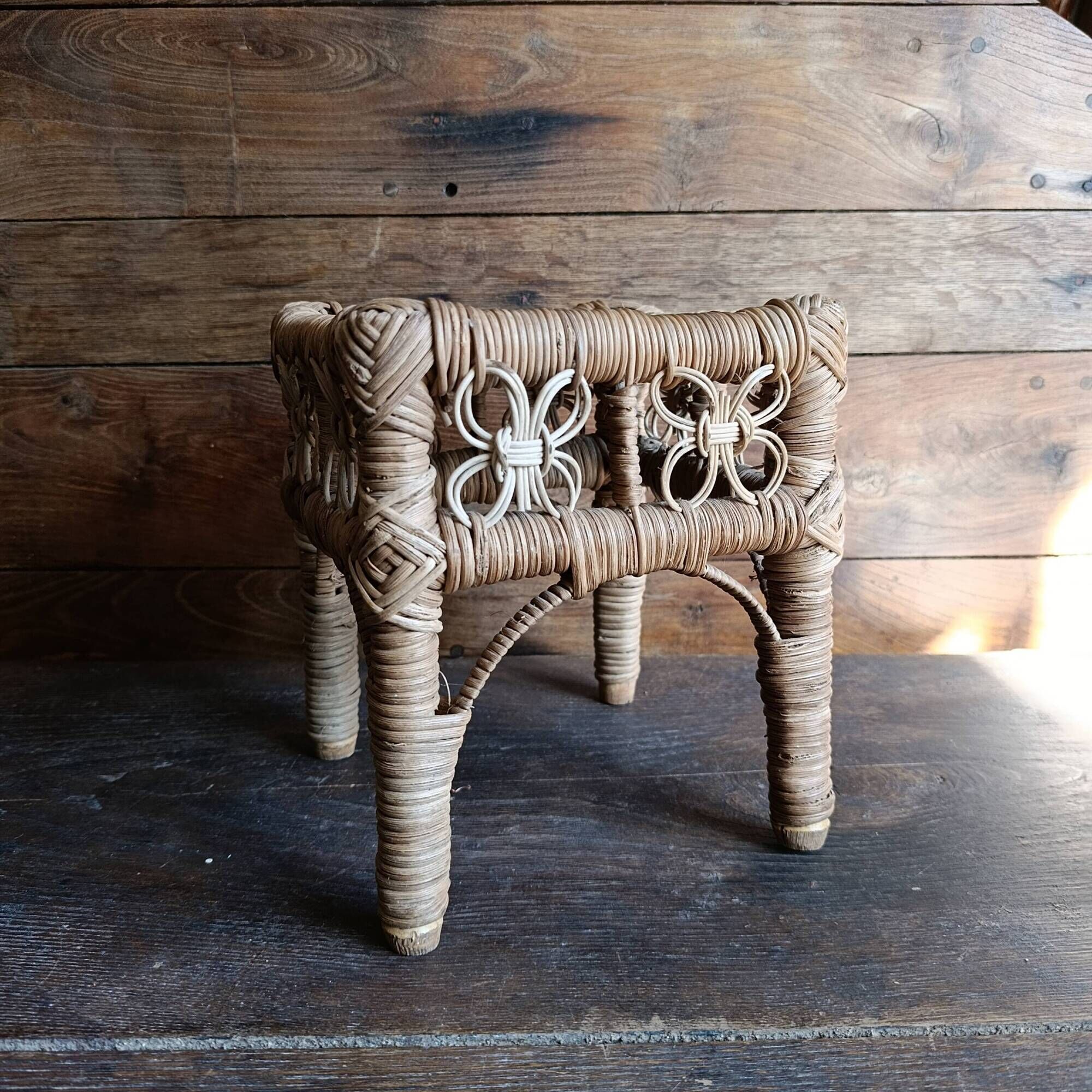 Vintage wicker stool, small woven rattan footstool and rustic plant stand