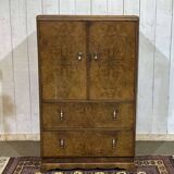 1950s English sideboard with drawers, Art Deco style, in walnut burl.