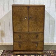1950s English sideboard with drawers, Art Deco style, in walnut burl.