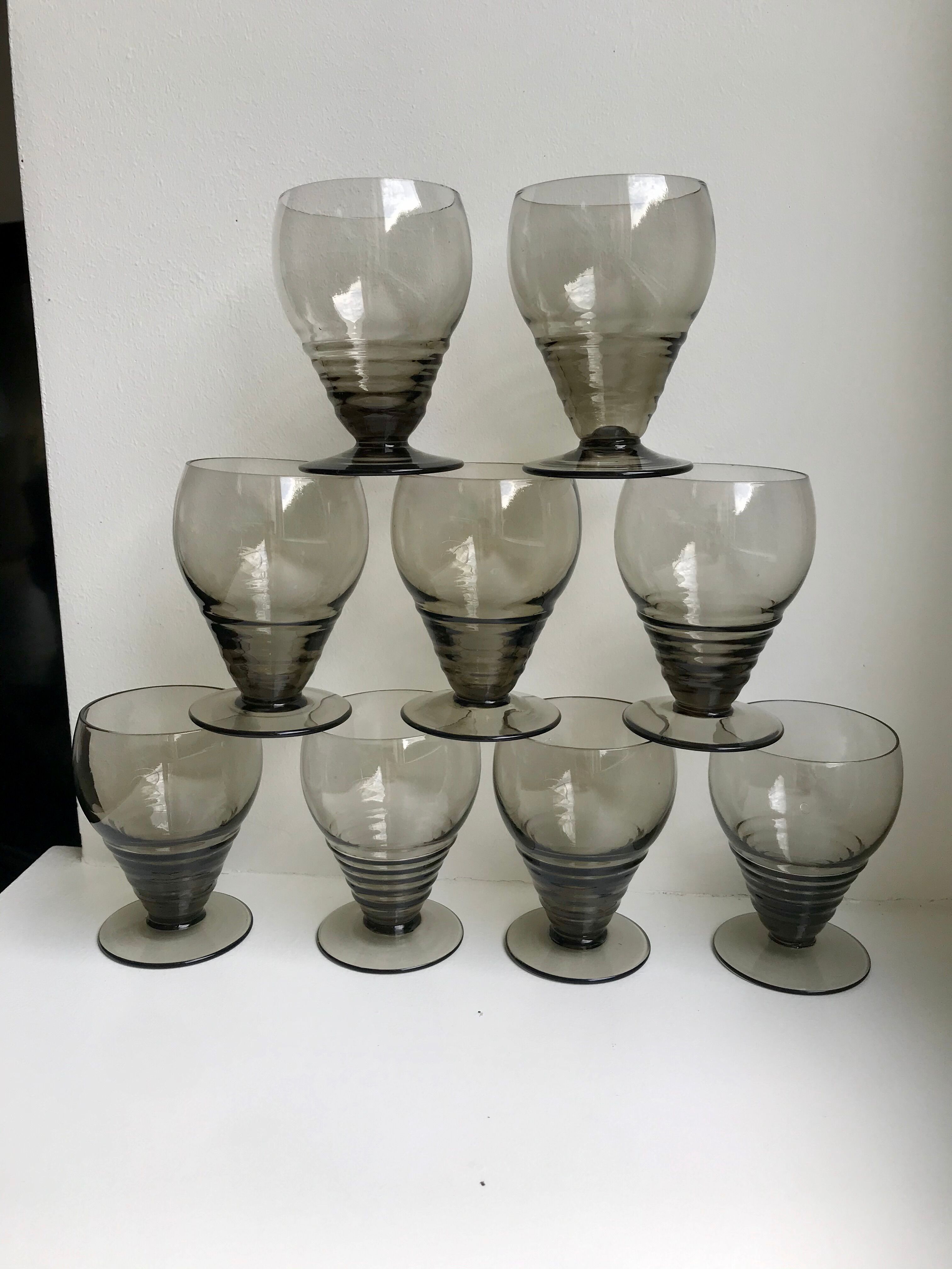 Set of 9 art deco liqueur glasses in smoked glass 30-40s