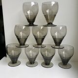 Set of 9 art deco liqueur glasses in smoked glass 30-40s